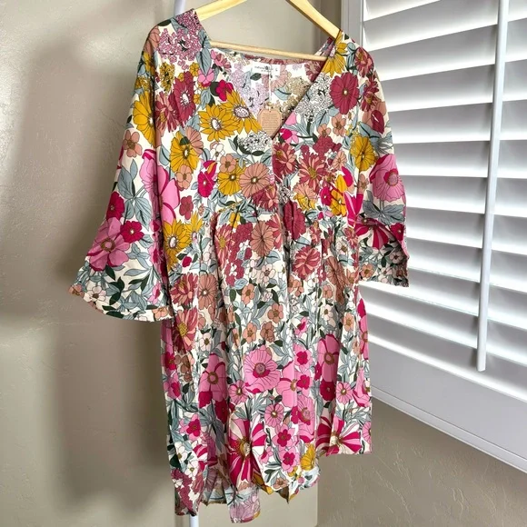 NATURAL LIFE Stella Babydoll Mini Dress Large NWT Pink Floral Boho - Picture 6 of 10